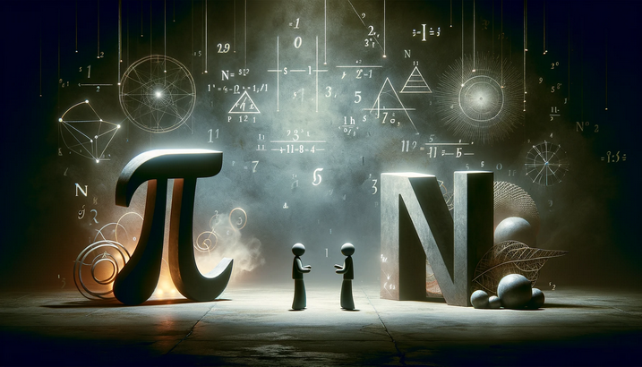 DALLE 2023 12 22 16.45.07 A horizontal rectangular scene with a more mysterious atmosphere where two characters representing the Number Pi and the Number N meet. The environme